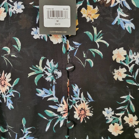 Lucky Brand Black Floral V-Neck Button Front Ruffled Peplum Top Size Medium - Picture 6 of 10
